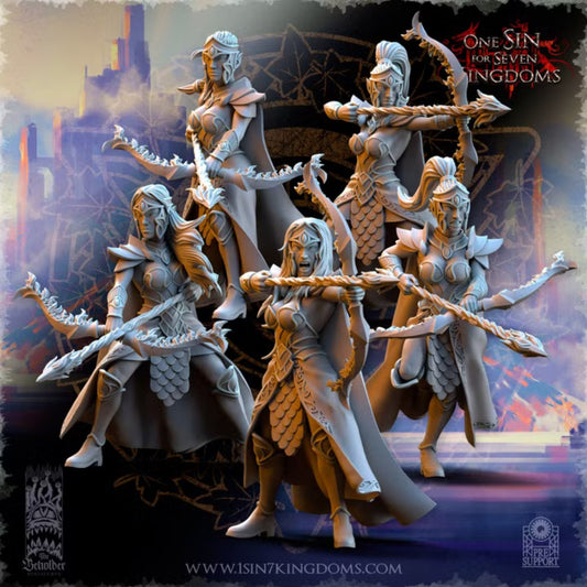 Rendu de cinq archères fantasy en armure avec arcs et capes, modèles The Beholder Miniatures.