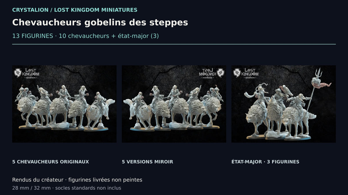 Chevaucheurs gobelins des steppes — 13 FIGURINES · 10 chevaucheurs + état-major (3)