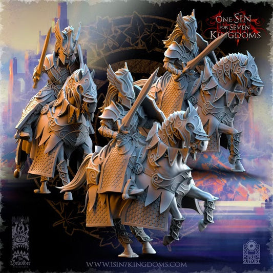 Chevaliers d’Ashur — trois cavaliers à épées et boucliers — rendu original du créateur
