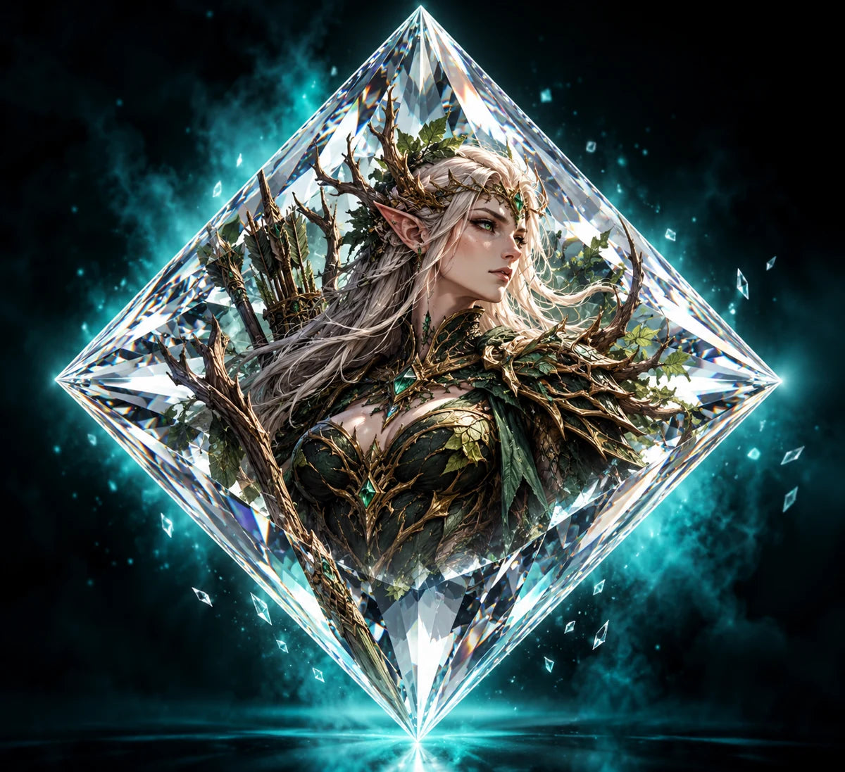 Guerrière elfe dans un cristal turquoise, illustration fantasy